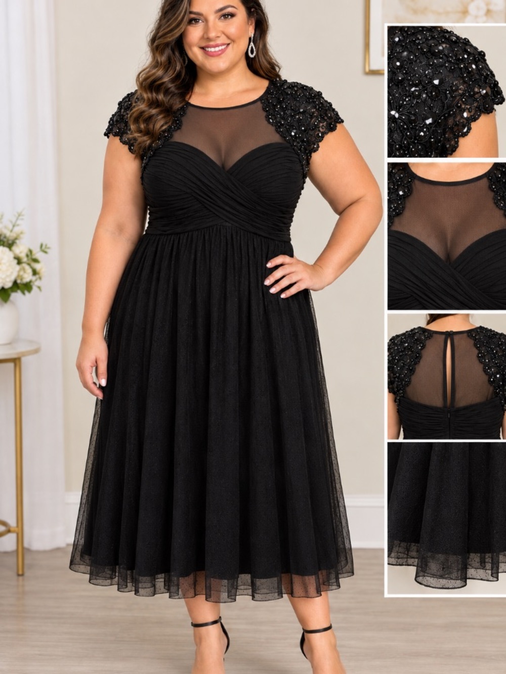 Alex Evenings Black Beaded Mesh Midi Dress